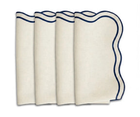 Ivory cotton scalloped napkins with navy trim, elegant reusable cloth napkins for dining table decor