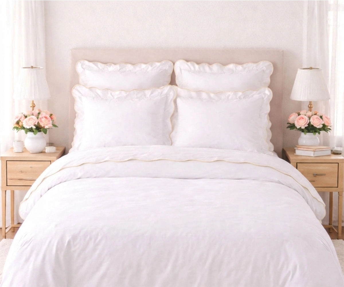 Ivory scalloped edge cotton bedding set with deep pocket fitted sheet for timeless bedroom styling