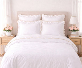 Ivory scalloped edge cotton bedding set with deep pocket fitted sheet for timeless bedroom styling