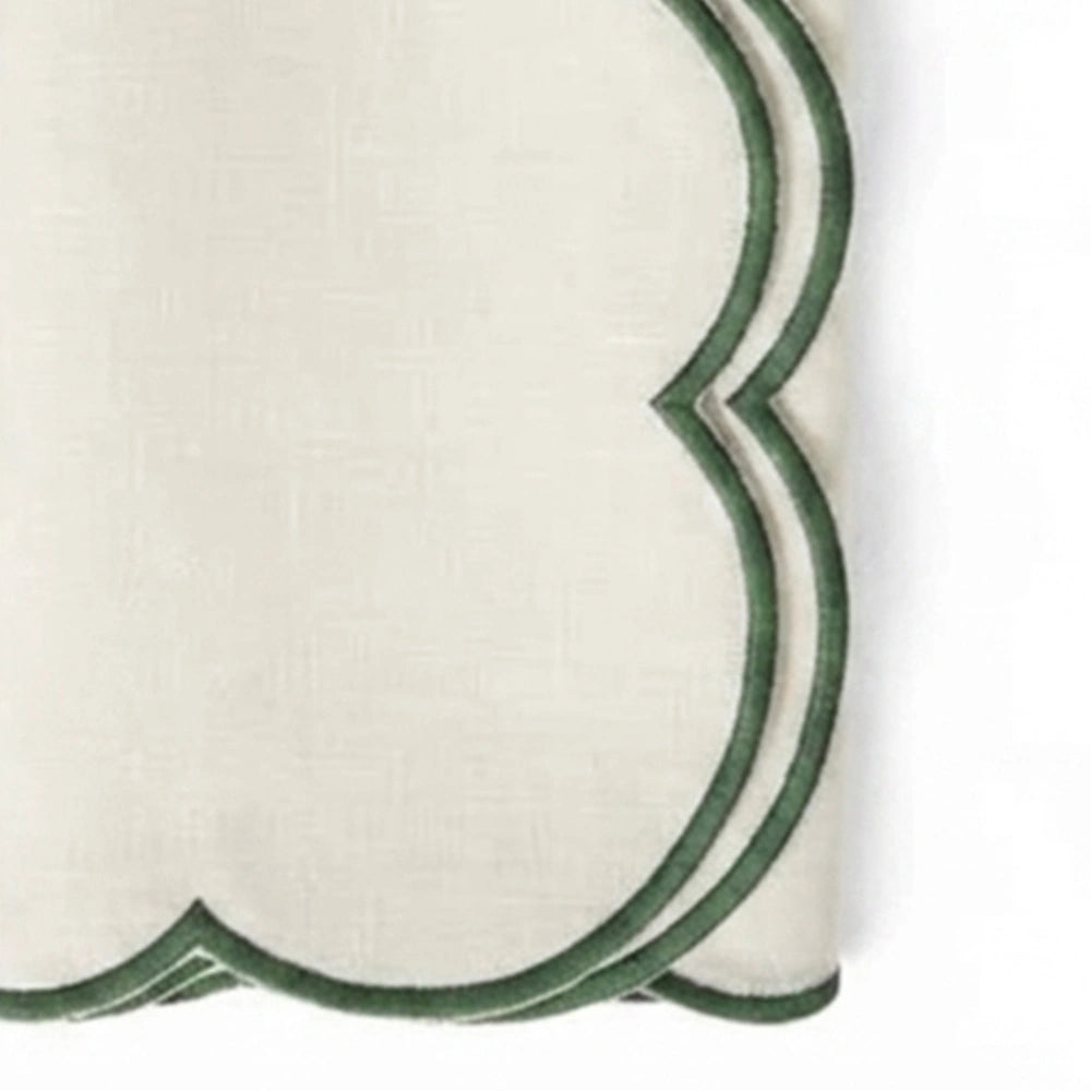 Elegant ivory cotton napkins with green scalloped border, luxury reusable table linens for farmhouse dining tables and festive gatherings