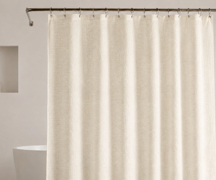 Ivory linen shower curtain for bathroom with elegant natural texture
Minimalist linen bathroom curtain for neutral and modern interiors