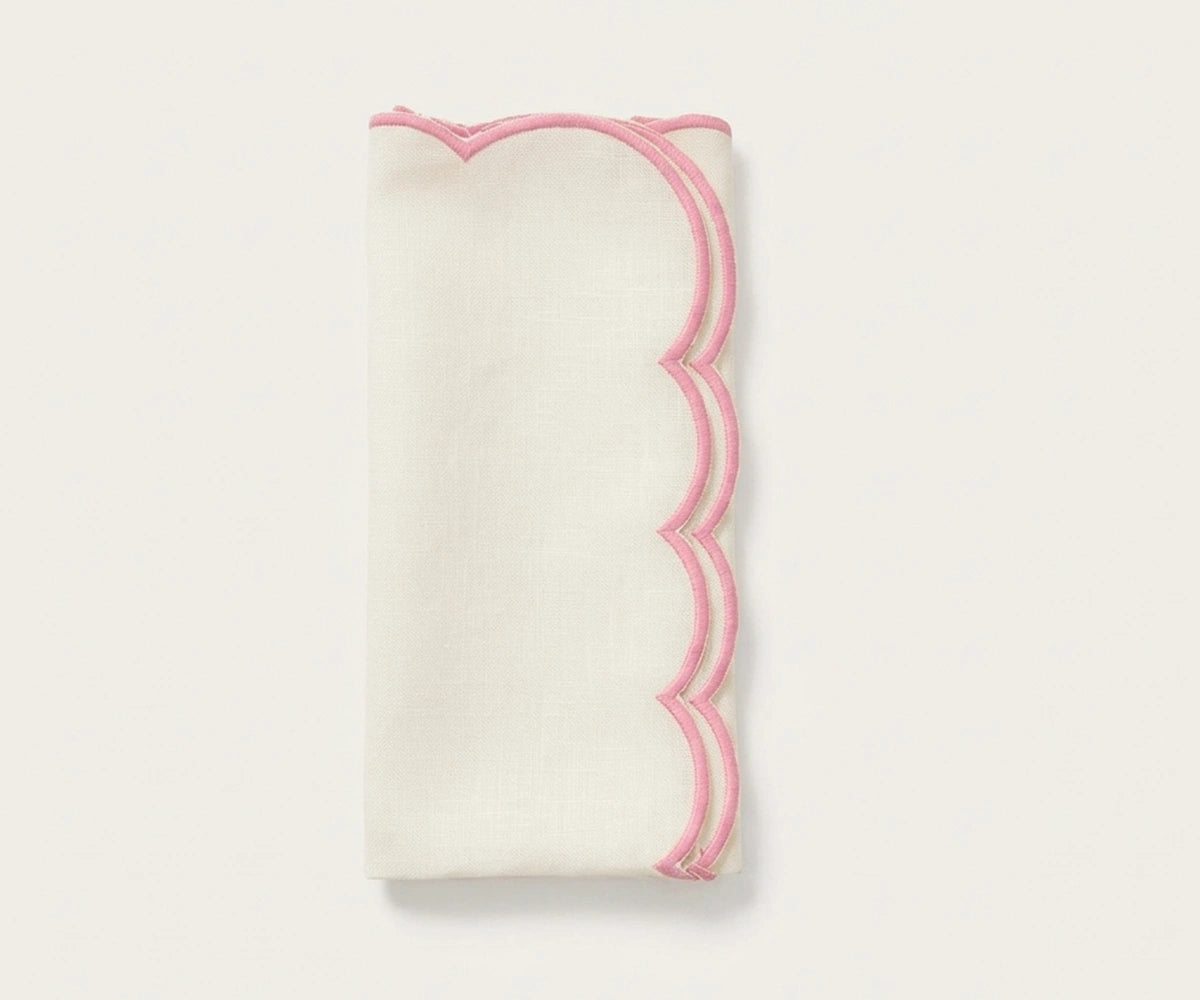 Ivory scalloped edge cotton napkins with pink trim for feminine table décor, reusable cloth dinner napkins for weddings, baby showers, and brunches