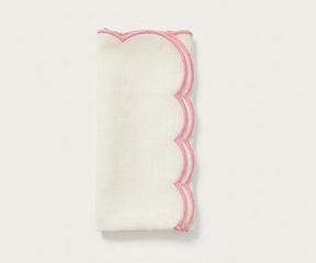 Ivory scalloped edge cotton napkins with pink trim for feminine table décor, reusable cloth dinner napkins for weddings, baby showers, and brunches