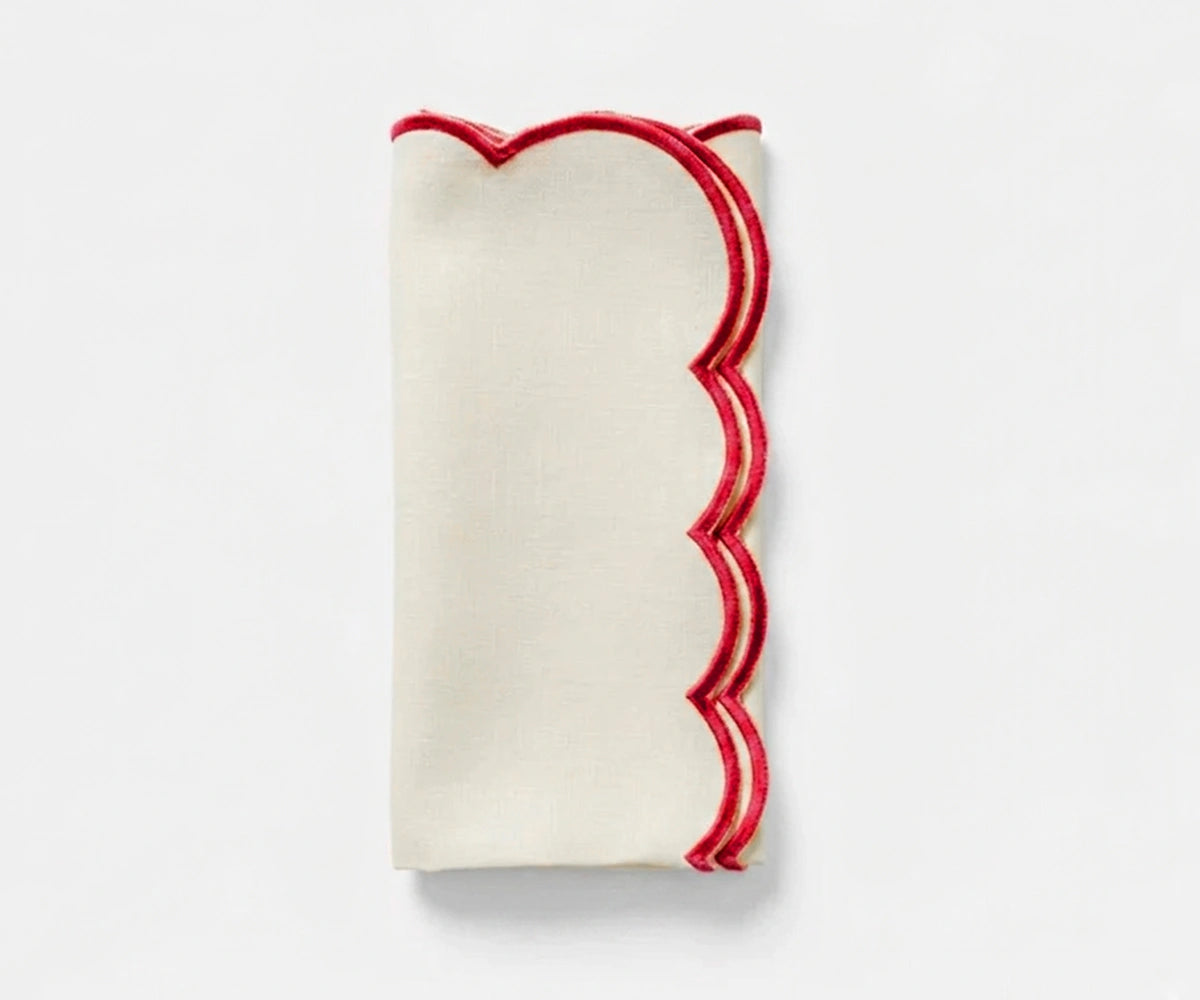 Ivory scalloped edge cloth napkins with red trim made from 100% cotton, reusable dinner napkins for weddings, holiday table décor, farmhouse dining tables