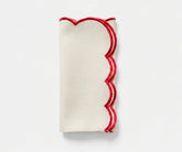 Ivory scalloped edge cloth napkins with red trim made from 100% cotton, reusable dinner napkins for weddings, holiday table décor, farmhouse dining tables