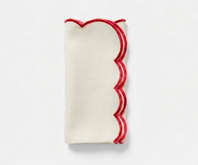 Ivory scalloped edge cloth napkins with red trim made from 100% cotton, reusable dinner napkins for weddings, holiday table décor, farmhouse dining tables
