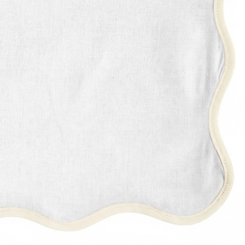 Luxury ivory scalloped cloth napkins in soft cotton fabric for formal dining, wedding table décor, restaurant settings, and eco-friendly reusable table linens.
