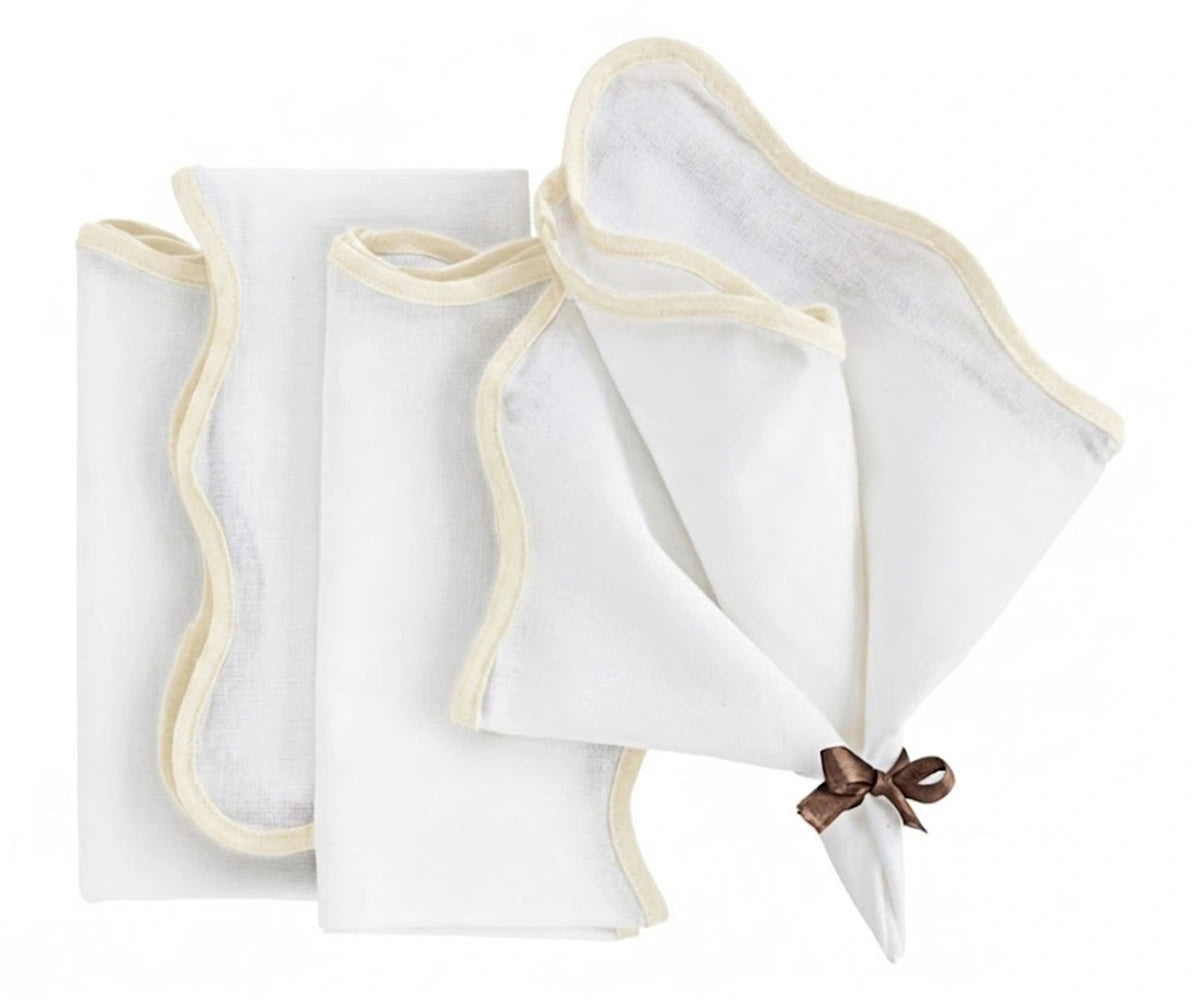 Ivory scalloped edge cloth napkins made from 100% cotton for wedding receptions, holiday dining, elegant dinner parties, and luxury farmhouse table décor.