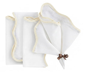 Ivory scalloped edge cloth napkins made from 100% cotton for wedding receptions, holiday dining, elegant dinner parties, and luxury farmhouse table décor.