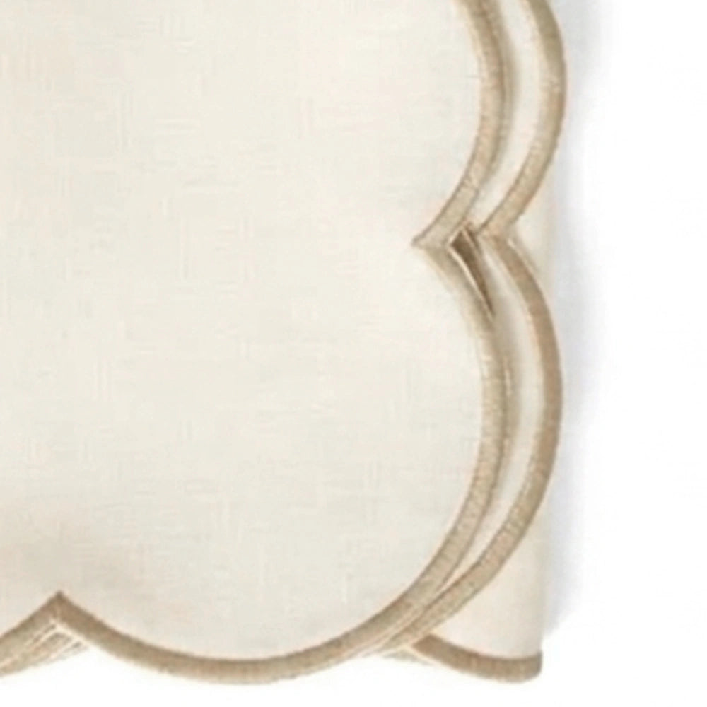 Ivory scalloped edge cotton napkins with beige trim for neutral farmhouse table décor, reusable cloth dinner napkins for weddings and brunches 