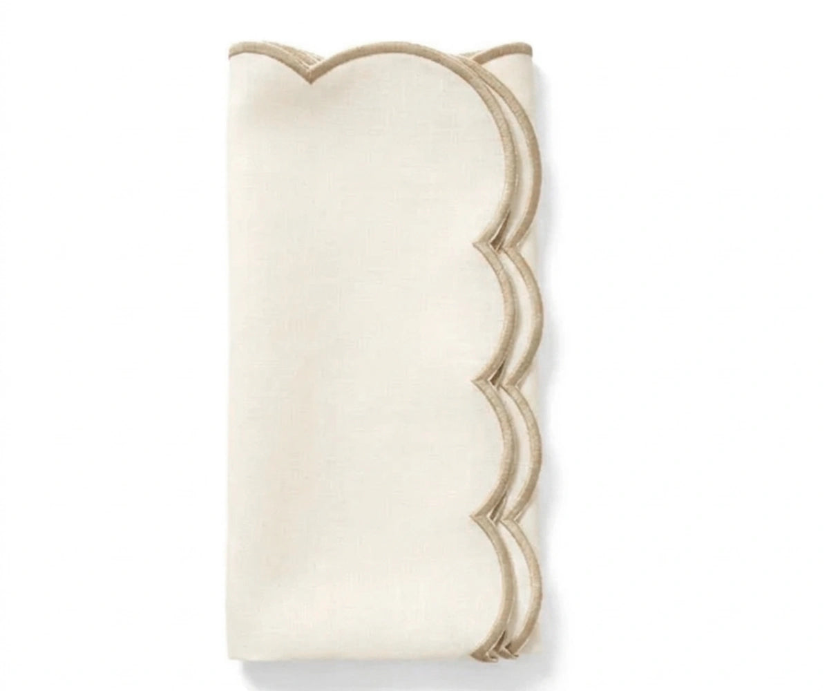 ivory cloth napkins with beige scalloped border, soft reusable cotton table linens for formal dining tables and holiday 