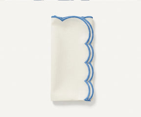 Soft ivory cotton napkins with blue scalloped border, elegant reusable table linens for farmhouse dining rooms and festive celebrations
