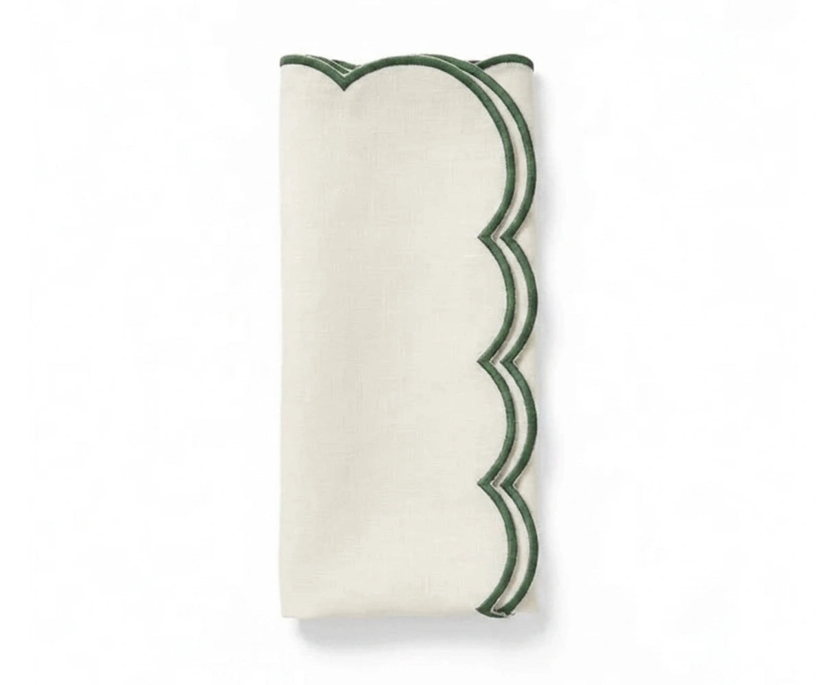 Ivory scalloped edge cloth napkins with green trim for spring tablescape décor, reusable cotton dinner napkins for weddings and garden parties