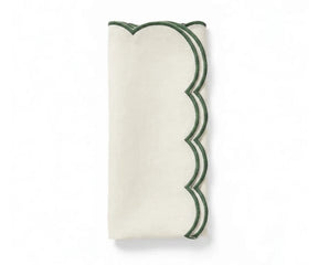 Ivory scalloped edge cloth napkins with green trim for spring tablescape décor, reusable cotton dinner napkins for weddings and garden parties