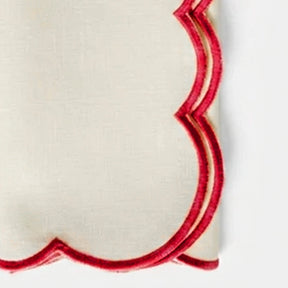 Elegant ivory cotton napkins with red scalloped border for Christmas tablescape, wedding receptions, formal dinner parties, reusable luxury cloth napkins