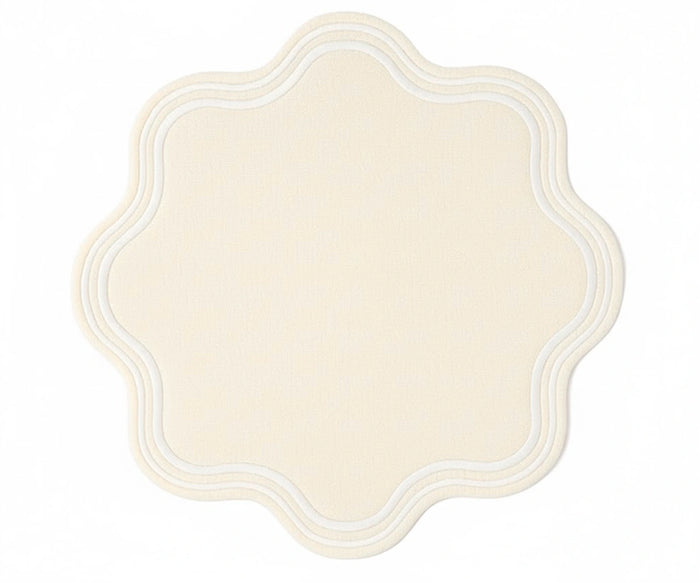 Ivory round scalloped placemat – soft neutral cotton table mat for elegant dining and classic table décor