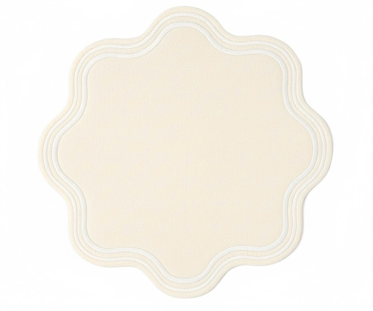 Ivory round scalloped placemat – soft neutral cotton table mat for elegant dining and classic table décor