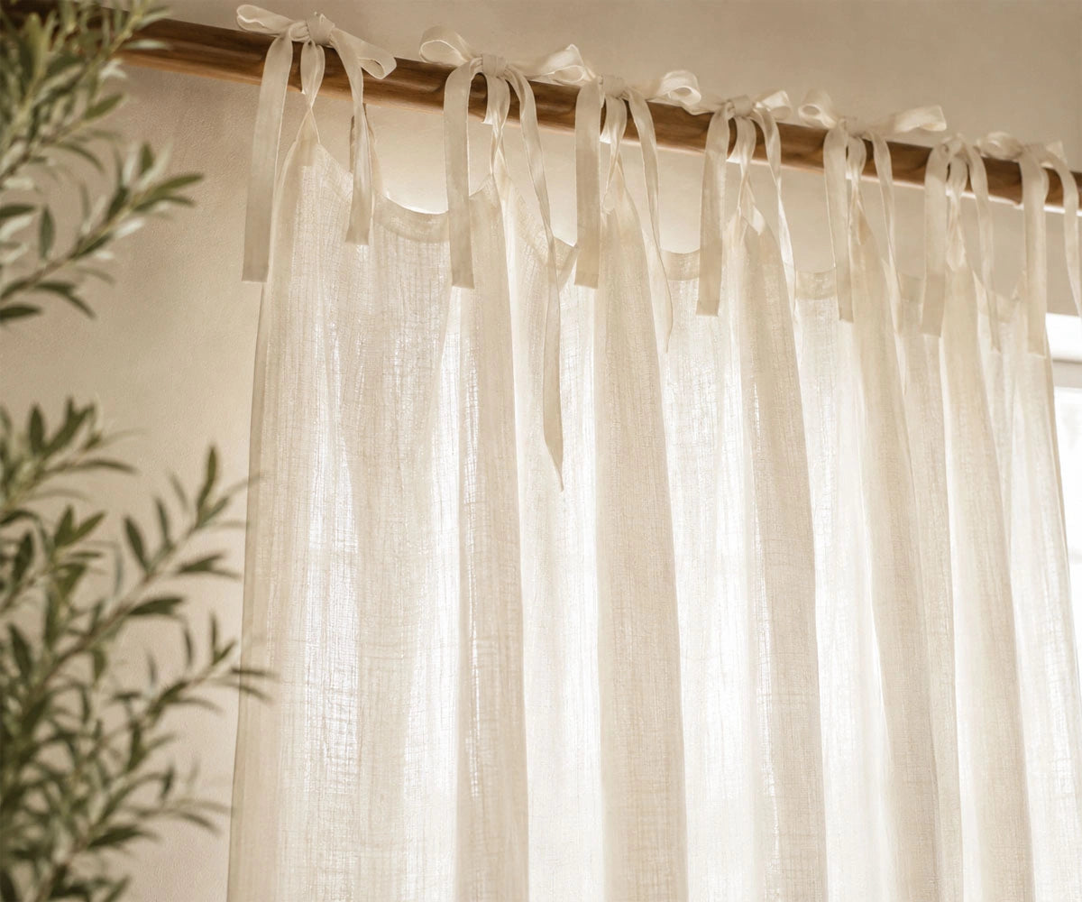 Ivory Tie Top Linen Curtains made from premium European flax linen for elegant window treatments. Light filtering linen curtain panels for farmhouse, coastal, and Scandinavian home décor.