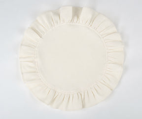 Ivory round ruffled cotton napkins with a clean linen look, perfect for classic table settings and formal occasions.