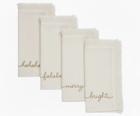 Ivory Fringe Edge Gold Embroidered Christmas Napkins – Ho Ho Ho, Fa La La, Merry & Bright