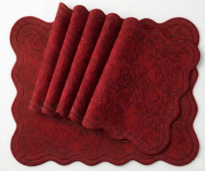 100% cotton jacquard scalloped placemats with red edge for elegant farmhouse dining table décor