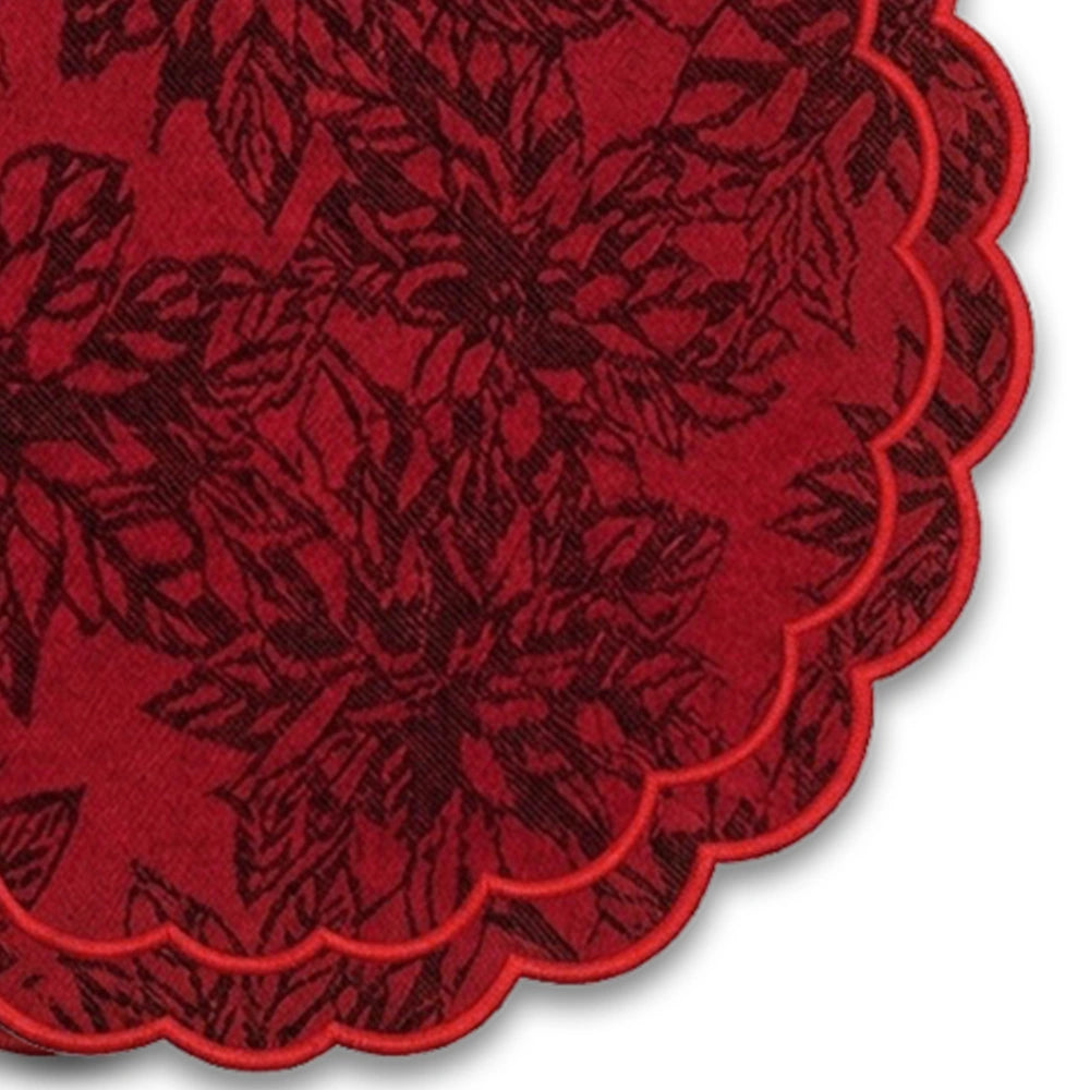 Decorative red floral placemats with scalloped edges, washable cotton jacquard table mats for Thanksgiving, wedding receptions, festive table settings, and everyday dining decor.