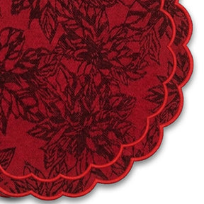 Decorative red floral placemats with scalloped edges, washable cotton jacquard table mats for Thanksgiving, wedding receptions, festive table settings, and everyday dining decor.