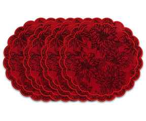 Red scalloped damask placemats set with woven floral jacquard pattern, round cotton placemats for dining table, festive table decor, holiday entertaining, and farmhouse dining.