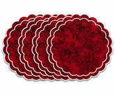 Red and white scalloped placemats crafted from cotton jacquard fabric, reusable round placemats for holiday tables, weddings, and farmhouse decor