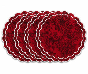 Red and white scalloped placemats crafted from cotton jacquard fabric, reusable round placemats for holiday tables, weddings, and farmhouse decor