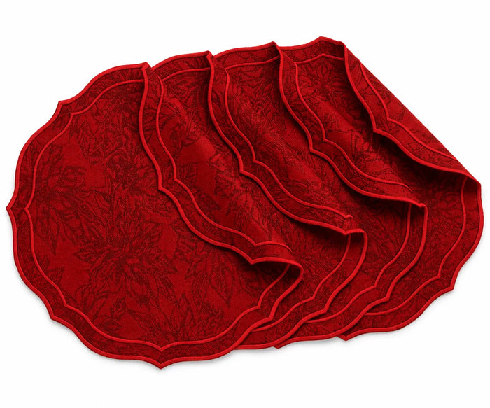 White cotton jacquard damask placemat with red scalloped edge, woven round table placemat for elegant dining, entertaining, and holiday table settings.