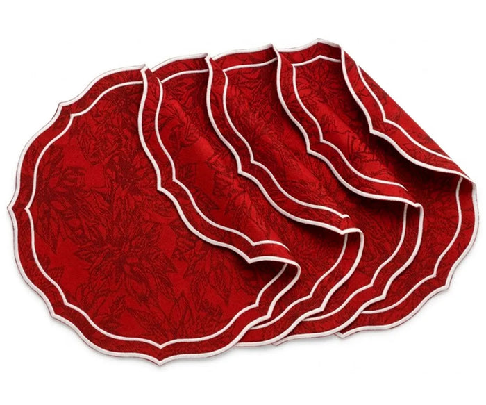 Red and white cotton jacquard round placemats with elegant white scalloped edge, washable table linens available in 15-inch and 17-inch sizes.