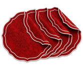 Red and white cotton jacquard round placemats with elegant white scalloped edge, washable table linens available in 15-inch and 17-inch sizes.