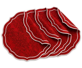 Red and white cotton jacquard round placemats with elegant white scalloped edge, washable table linens available in 15-inch and 17-inch sizes.