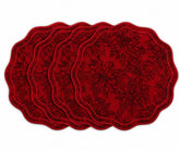 Elegant red jacquard placemats with scalloped edges and tonal floral design, decorative cotton dining table mats for festive gatherings, weddings, holiday meals, and everyday dining.