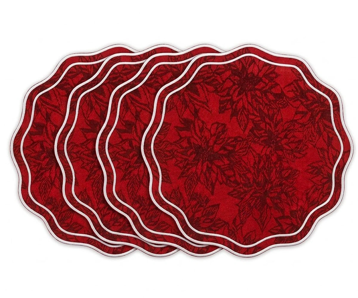 Red floral scalloped cotton placemats with white trim for re =d table decor, holiday dining table setting, reusable placemat set for festive entertaining and elegant tablescapes.