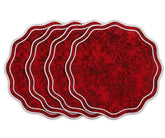 Red floral scalloped cotton placemats with white trim for re =d table decor, holiday dining table setting, reusable placemat set for festive entertaining and elegant tablescapes.
