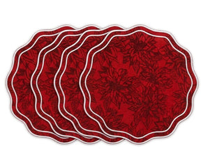 Red floral scalloped cotton placemats with white trim for re =d table decor, holiday dining table setting, reusable placemat set for festive entertaining and elegant tablescapes.