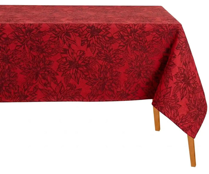Dark Red floral cotton tablecloth on rectangular poinsettia tablecloth for dining table 