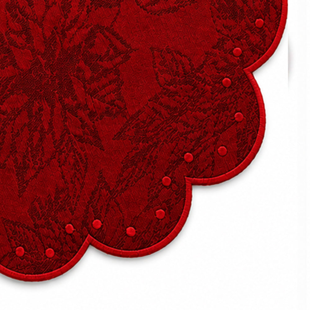 Red jacquard polka dot fabric swatch with scalloped edge — 100% cotton woven pattern, red and white polka dots
