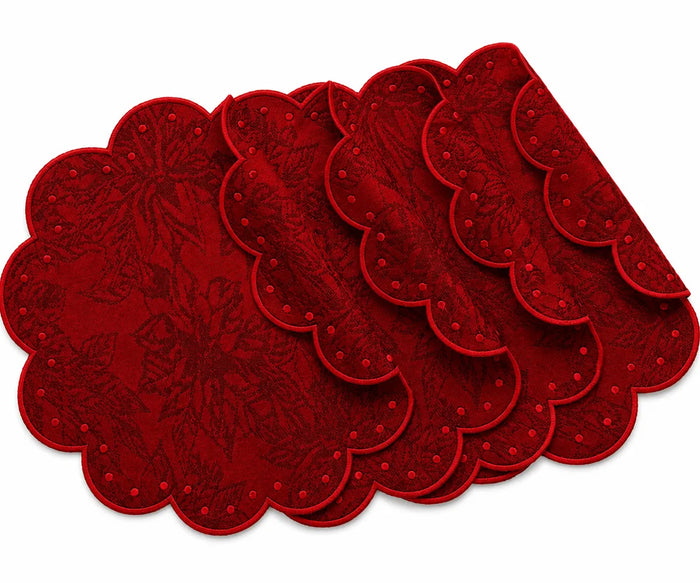 Red jacquard fabric swatch with red-and-white polka dot and black-and-white polka dot options for 100% cotton round scalloped placemats
