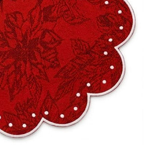 triped swatch showing red polka dot and black-and-white polka dot jacquard cotton options for round scalloped placemats.