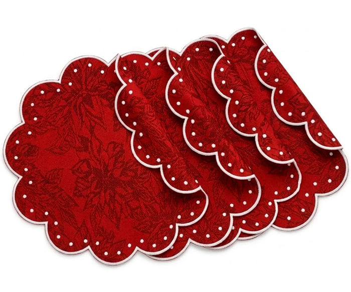 Jacquard cotton swatch showing red polka dot and black-and-white polka dot patterns for round scalloped placemats.