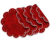 Jacquard cotton swatch showing red polka dot and black-and-white polka dot patterns for round scalloped placemats.