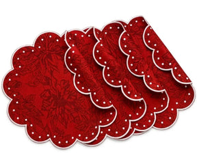 Jacquard cotton swatch showing red polka dot and black-and-white polka dot patterns for round scalloped placemats.