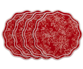 Elegant red floral damask placemats with scalloped edge, reusable cotton placemats for festive table settings, holiday dinners, and special occasions.