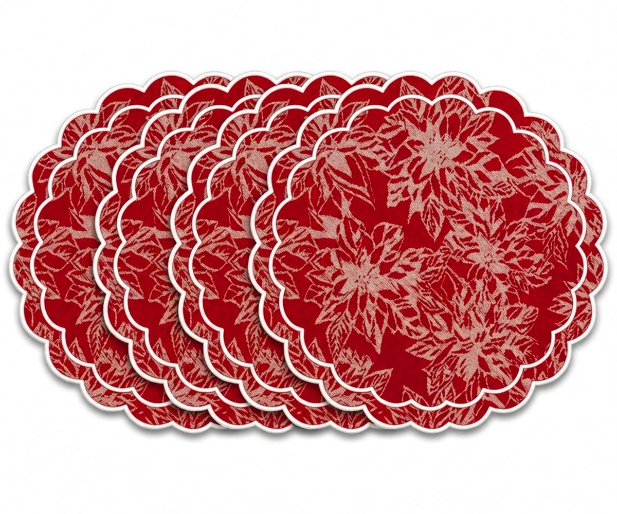 White floral jacquard scalloped placemats made from premium cotton, elegant round table mats for weddings, bridal showers, and luxury dining decor.