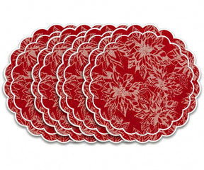 White floral jacquard scalloped placemats made from premium cotton, elegant round table mats for weddings, bridal showers, and luxury dining decor.