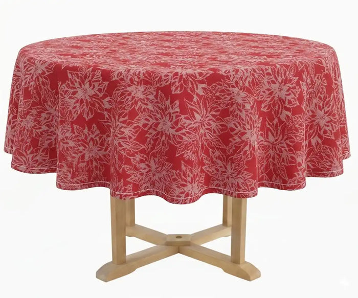 Round red with White floral  cotton tablecloth on dining table, red poinsettia tablecloth