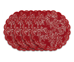 White round damask placemats with red scalloped border, cotton jacquard dining table placemats for weddings and festive gatherings